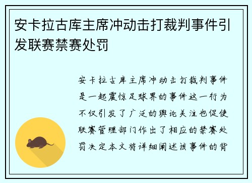 安卡拉古库主席冲动击打裁判事件引发联赛禁赛处罚